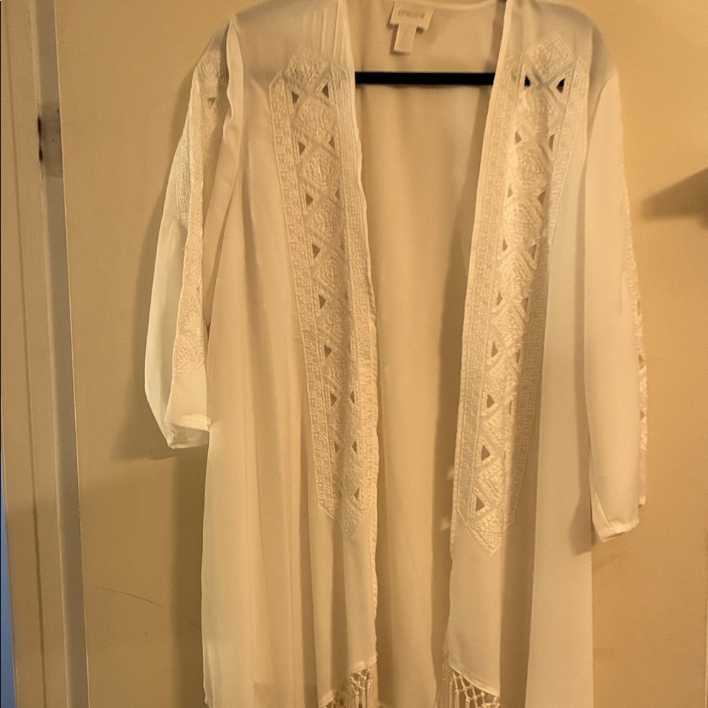 Chico's White Duster with Fringe and Embroidery